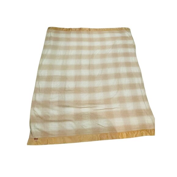 Faribo Wool Satin Vintage Beige Checkered Blanket 88.5" Faribault Fluff Loom - Picture 8 of 16